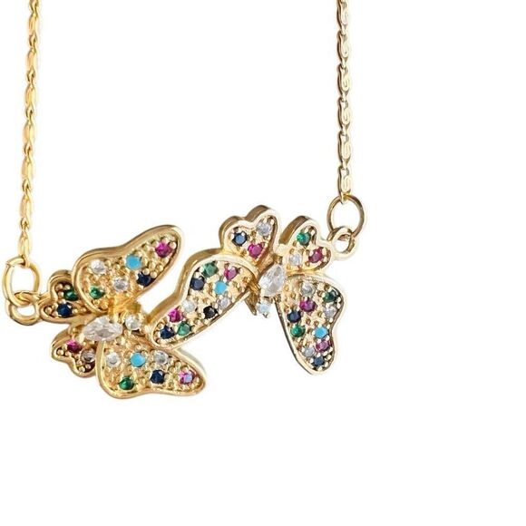 No Brand Jewelry - 18k gold filled ”Aliah” Double floating butterfly necklace multi stone pave